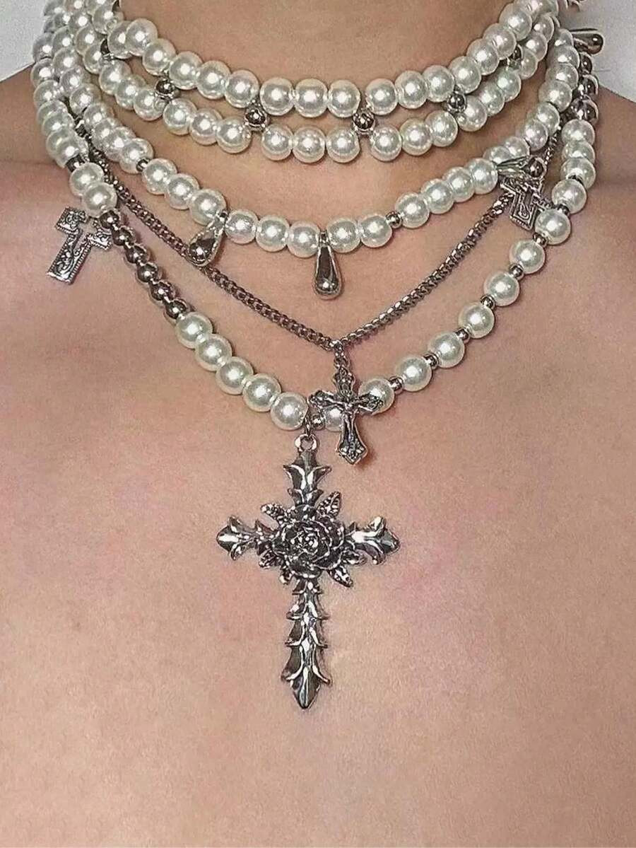 5-Layer Elegant Silver Cross & Faux Pearl Pendant Necklace For Men & Women | SHEIN