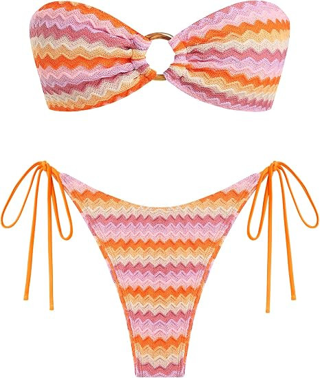 ZAFUL Women's Bandeau Bikini Strapless O Ring Textured Two Piece Swimsuit | Bikini Sets For Women... | Amazon (US)