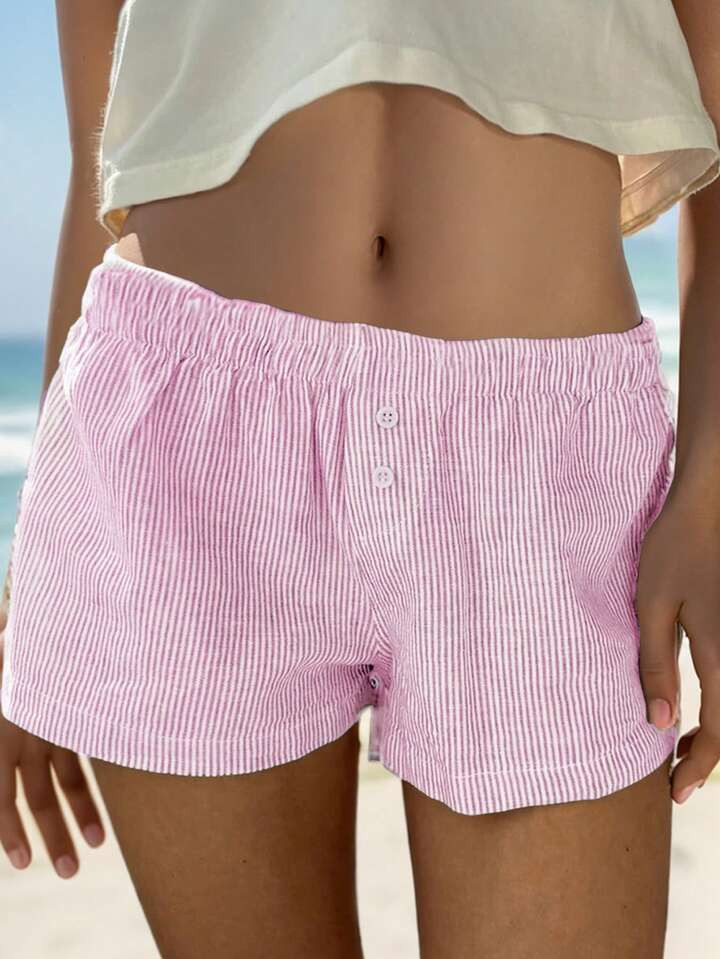 SHEIN EZwear Women's Summer Beach Vacation Striped Button Shorts, Comfy Shorts | SHEIN