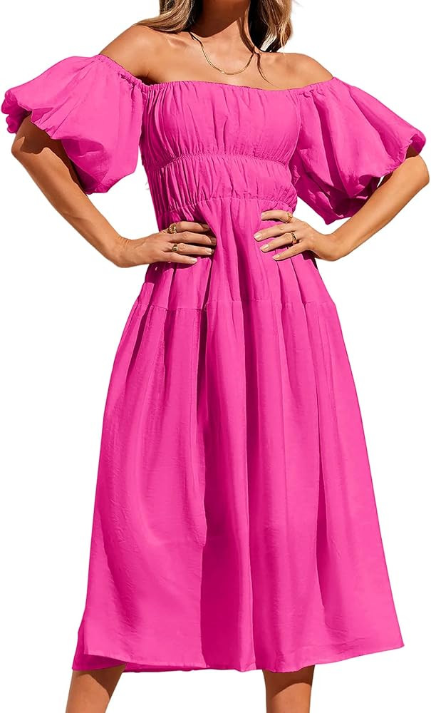 XUBA Women's 2023 Boho Off Shoulder Dress Puff Short Sleeves Flowy A Line Beach Party Midi Dresse... | Amazon (US)