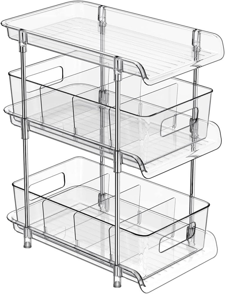 3 Tier Clear Bathroom Organizer with Dividers, Multi-Purpose Pull-Out Pantry Organization and Sto... | Amazon (US)