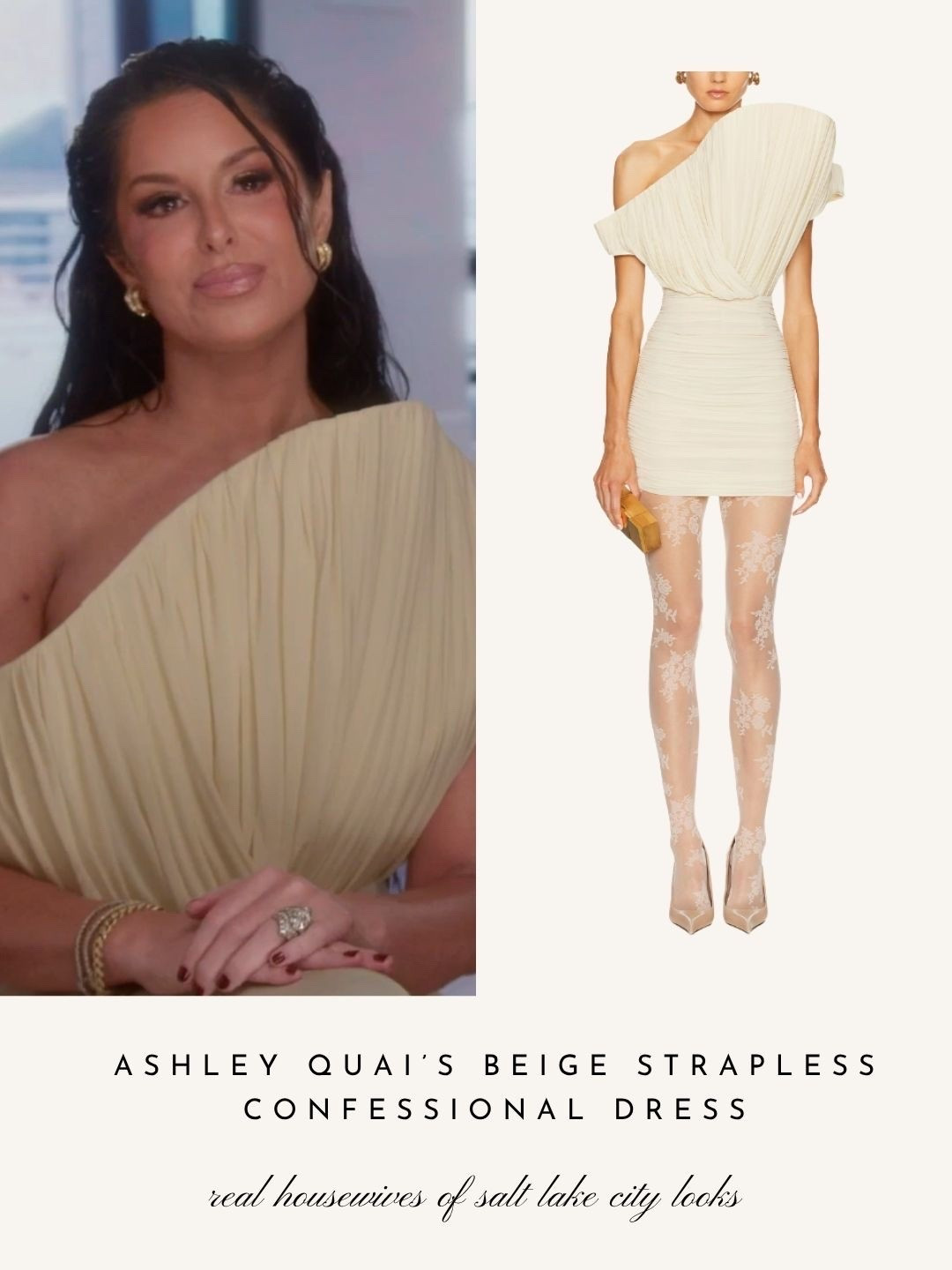 Ashley Quai’s Beige Strapless Confessional Dress