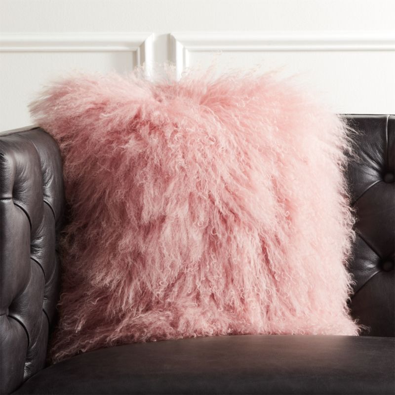 16" Mongolian Sheepskin Pink Fur Pillow with Down-Alternative Insert + Reviews | CB2 | CB2