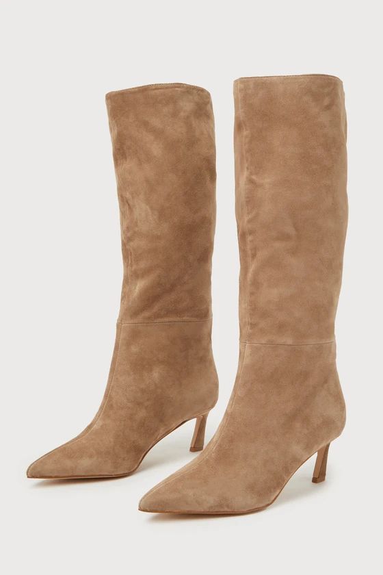 Lavan Oatmeal Suede Leather Kitten Heel Knee-High Boots | Lulus