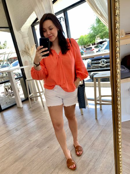 Gauzy loose top and white denim shorts for summer outfits, easy to wear mom outfit idea, summer style, warm weather outfits that are affordable, budget friendly outfits - size down on top and denim tts 
Under $35 slide sandals that look much more expensive 



#LTKtravel #LTKstyletip #LTKfindsunder50
