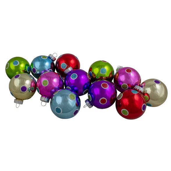 Northlight 12ct Vibrantly Colored Shiny Glitter Polka-Dots Glass Christmas Ball Ornaments 2.5" (6... | Target