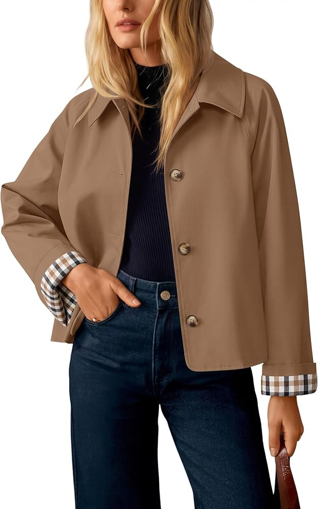 ZESICA Women's Cropped Trench Coat Plaid Button Front Fall Jacket | Amazon (US)