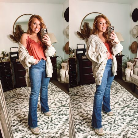 Sweater cardigan, lace adjustable rust color tank both in size small

Boot cut jeans tts

#LTKstyletip #LTKunder100 #LTKunder50