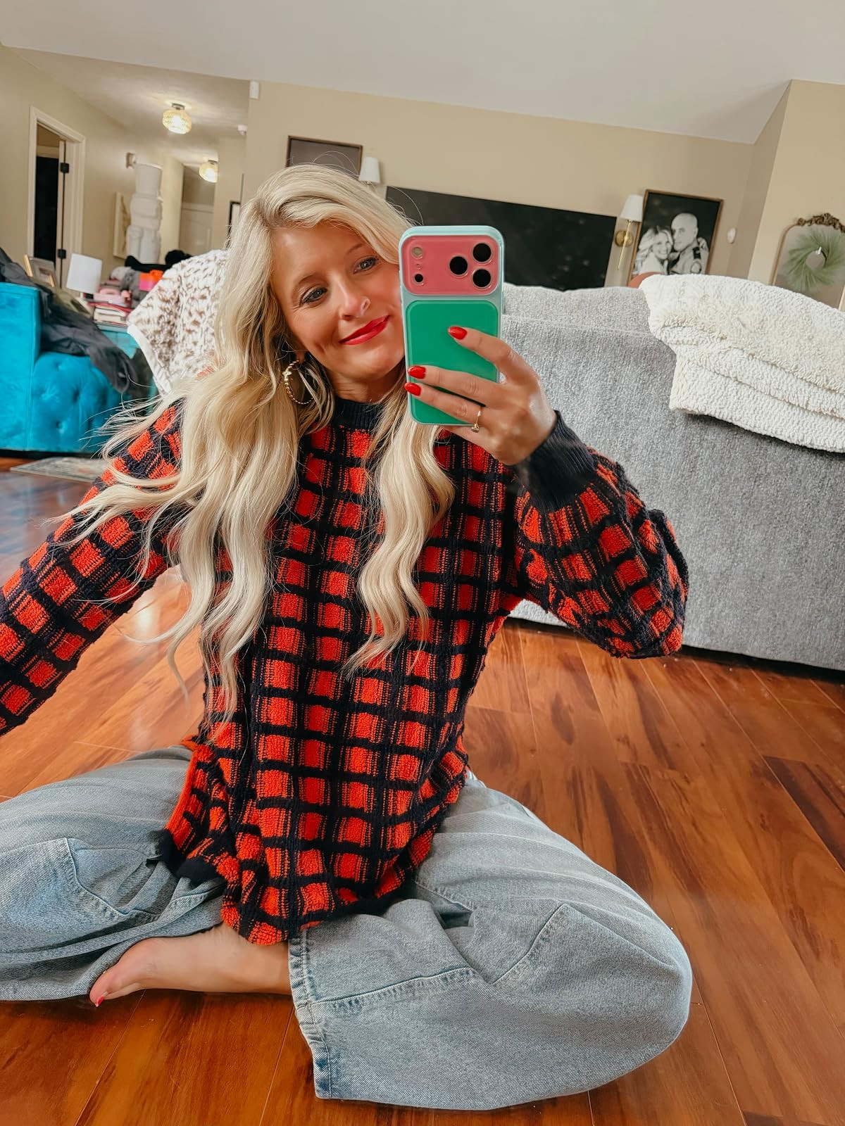 Women's Plaid Long Sleeve Sweaters Oversized Crewneck Loose Color Block Y2k Pullover Tops Knitwea... | Amazon (US)