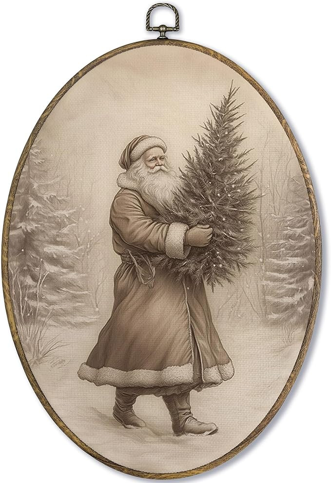 Fewgb Vintage Christmas Tree Santa Claus Oval Wall Art Decor Framed, Rustic Winter Pine Tree Farm... | Amazon (US)