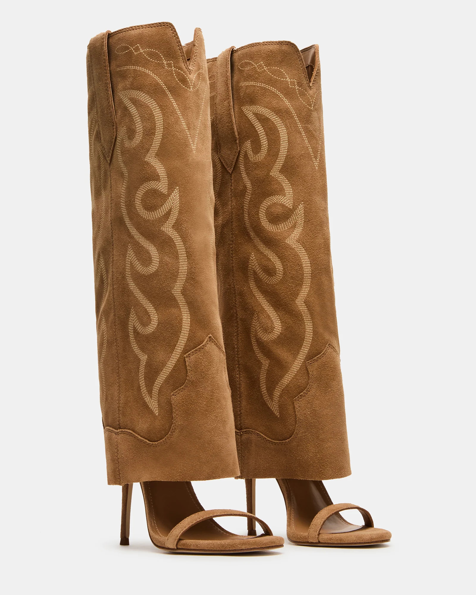 RAVINE Western Tan Suede Knee-High Cuffed Stiletto Heel Women's Boot | Steve Madden (US)