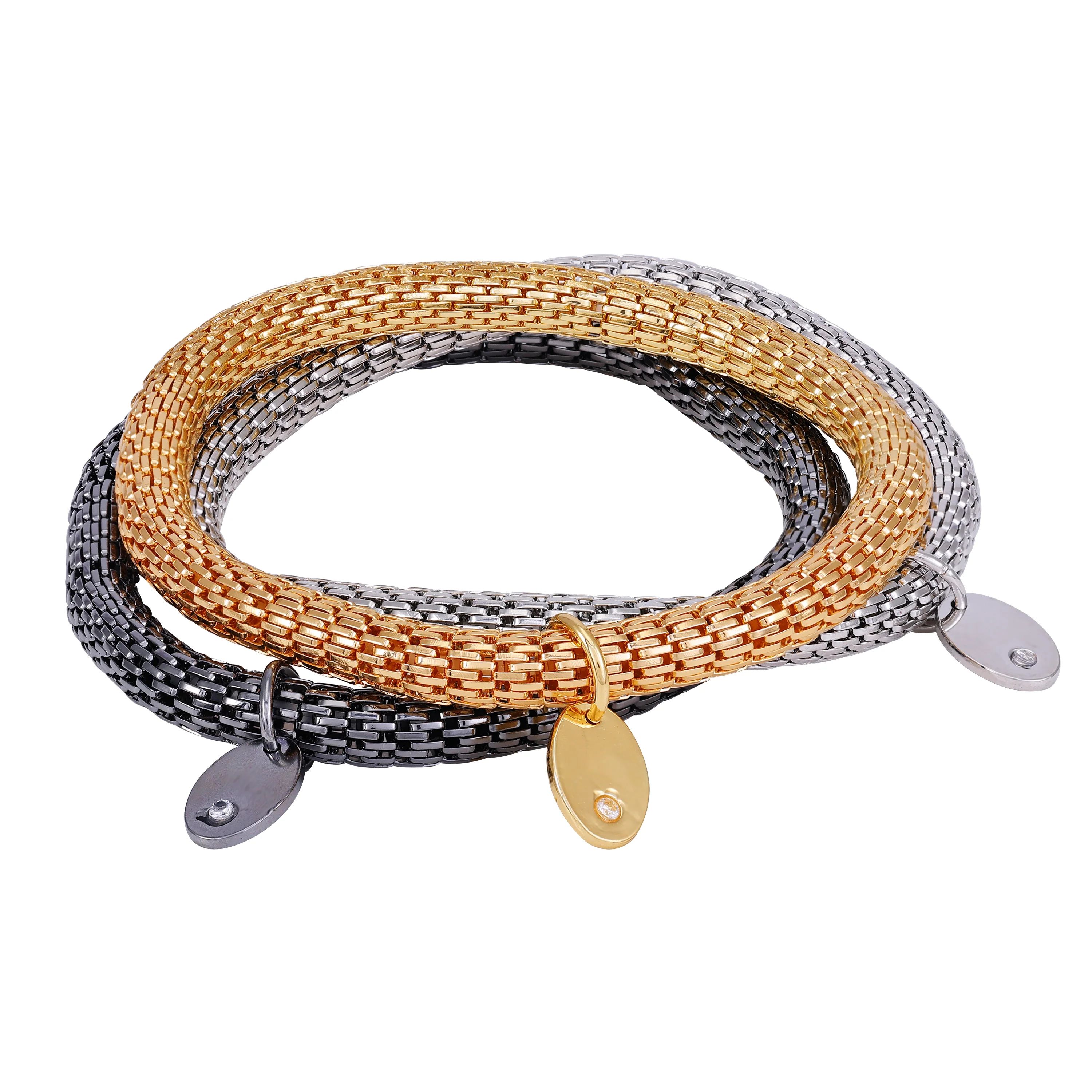 Time and Tru Women's Tri-Tone Mesh Chain 7.5" Stretch Bracelet Set. Hematite, Gold Tone, Silver T... | Walmart (US)