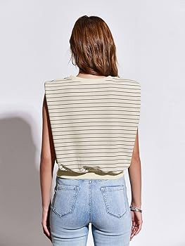Tankaneo Women's Stripped Tank Tops Crewneck Casual Summer Sleeveless Vest with Shoulder Pads | Amazon (US)