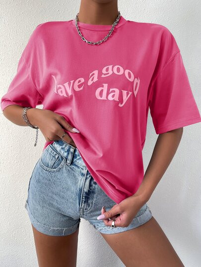 SHEIN EZwear Slogan Graphic Drop Shoulder Tee | SHEIN