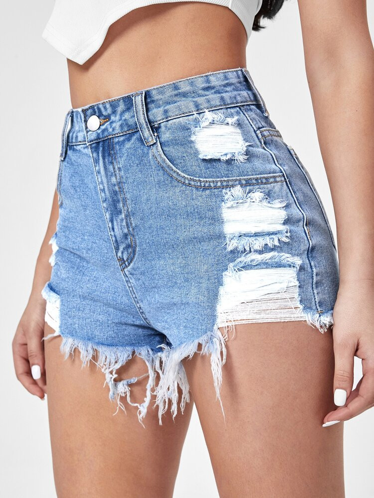 Ripped Raw Cut Denim Shorts | SHEIN
