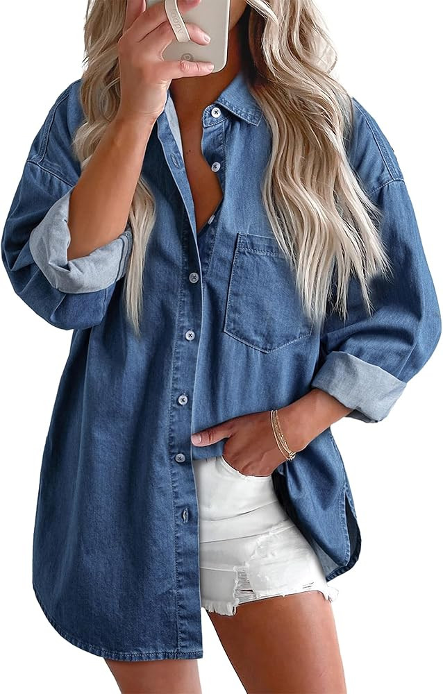 BTFBM Womens Button Down Denim Shirts Fall Lapel V Neck Lightweight Oversized Long Sleeve Thin Ca... | Amazon (US)