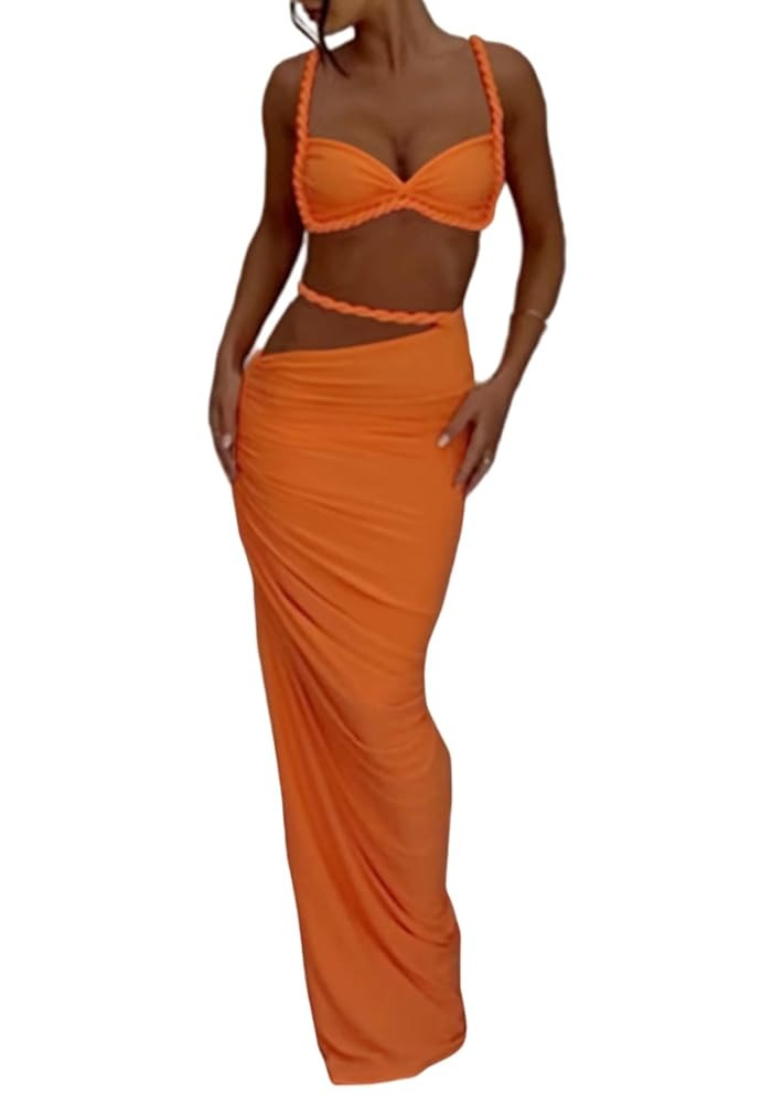 SHINFY Womens Summer Two Piece Maxi Skirt Sets Sexy Corset Top Ruched Long Skirt Beach Dress 2 Pi... | Amazon (US)