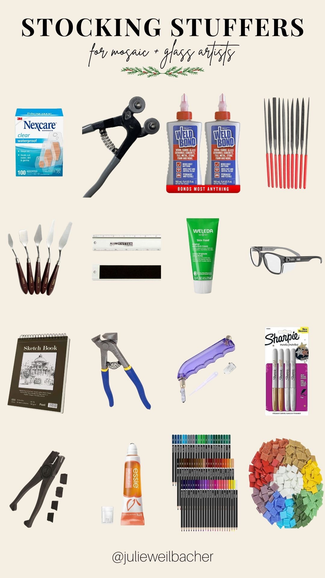 Stocking stuffers, but make them creative. 🎄✨

This collection is a roundup of some of my favorite little tools and treats for mosaic and glass artists — and yes, I own and love every single one of these. These are the kinds of gifts that might be small in size but make a big difference in the making process.

You’ll find handy cutting tools that help speed things up, adhesive and glass tiles for quick creative wins, and those small but mighty tools that artists reach for again and again. I also included inspiration-boosters like a sketchbook and colored pencils, because good ideas deserve a place to land.

And because makers are hard on their hands, there are a few pampering essentials too — think hand lotion, cuticle oil, and waterproof bandages for when creativity gets a little…enthusiastic.

Perfect for mosaic artists, glass artists, crafters, or anyone who loves to create with their hands. These are easy wins for stockings, gift exchanges, or a little “I deserve this” moment.

For mosaic tips, tutorials, inspiration, and so much more please visit my YouTube channel: YouTube.com/julieweilbacher. Follow @julieweilbacher on Instagram for all things mosaic art.

#stockingstuffers #holidaygiftideas #creativegifts #giftsforartists #handcare #sketchbooklove #coloredpencils #arttools #creativehobbies #giftsforcrafters #holidaywishlist #smallgifts #artistgifts #selfcaregifts #craftsupplies #stockingstuffersunder$25

#LTKHoliday #LTKFindsUnder50 #LTKGiftGuide