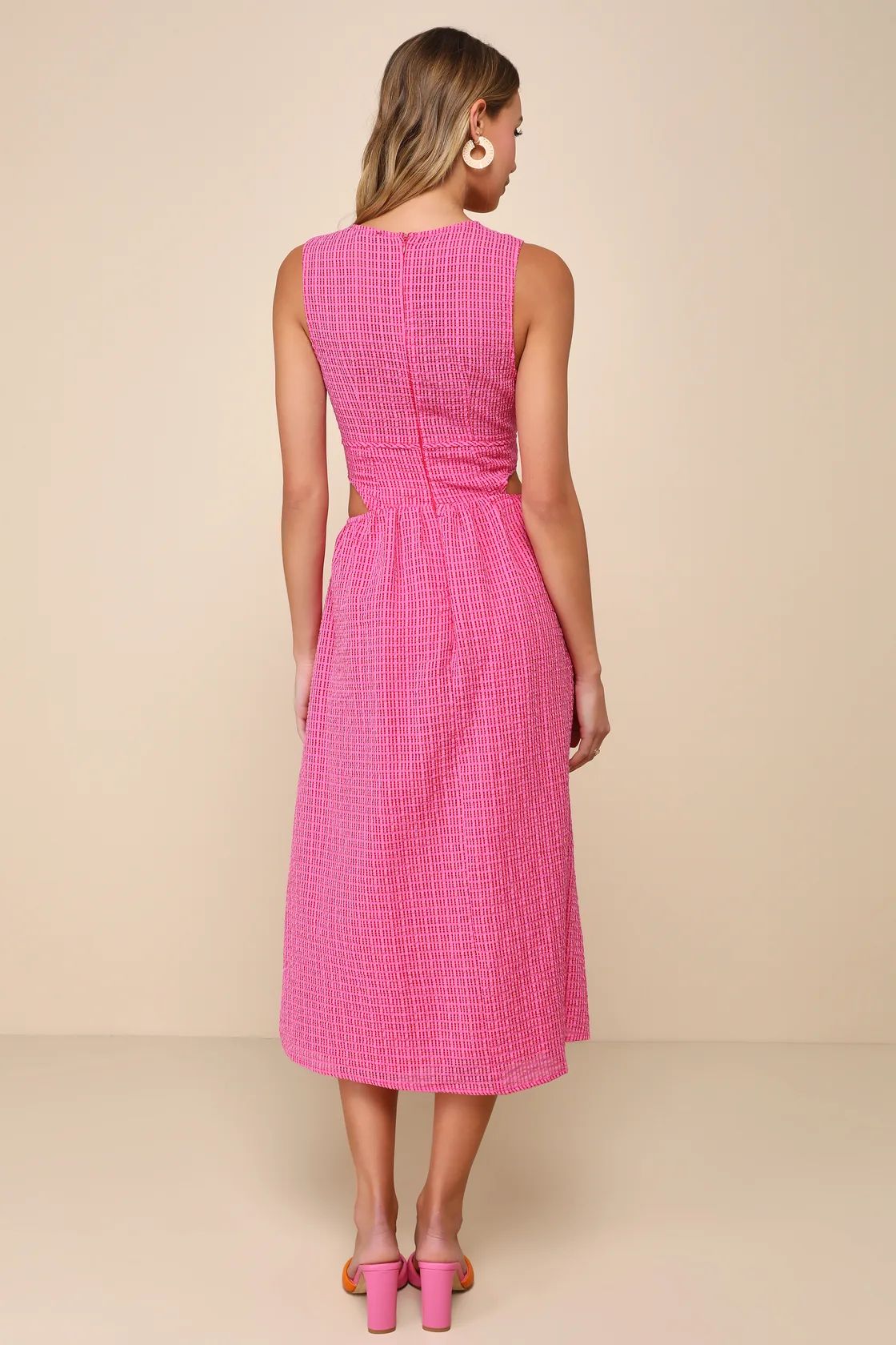 Charm and Confidence Hot Pink Cutout Midi Dress With Pockets | Lulus