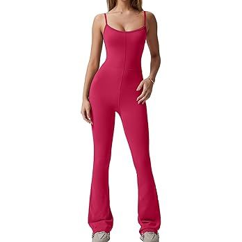 QINSEN Flare Jumpsuits for Women Spaghetti Straps Scoop Neck Bodycon Full Length Casual Unitard P... | Amazon (US)