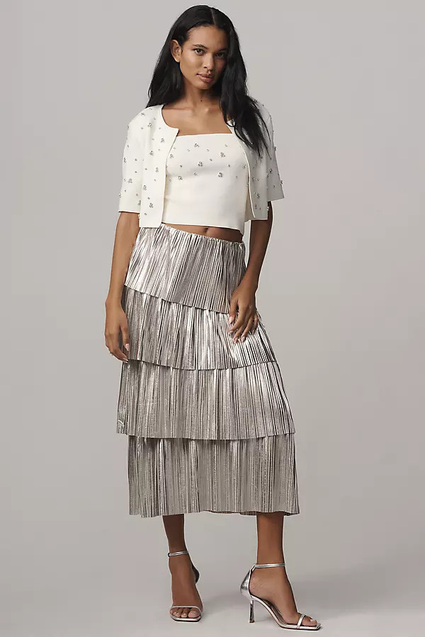 Metallic Plissé Tiered Midi Skirt | Anthropologie (US)