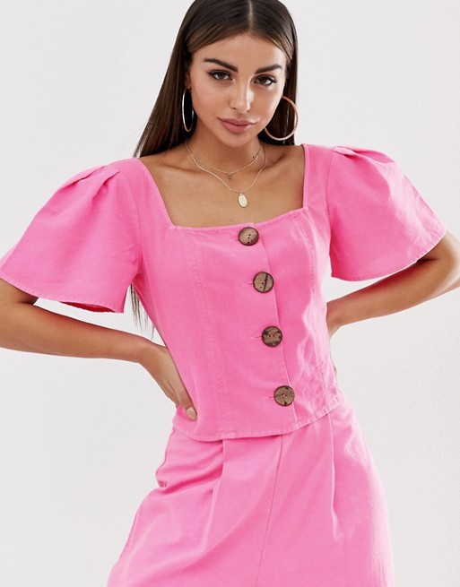 ASOS DESIGN neon crop top with button through in linen | ASOS US