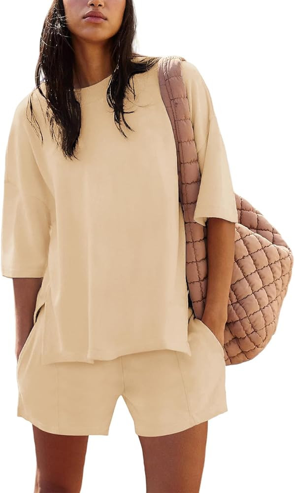 Womens Shorts Sets 2 Piece Outfits Summer 2025 Half Sleeve Crew Neck Cotton Lounge Sets Matching ... | Amazon (US)