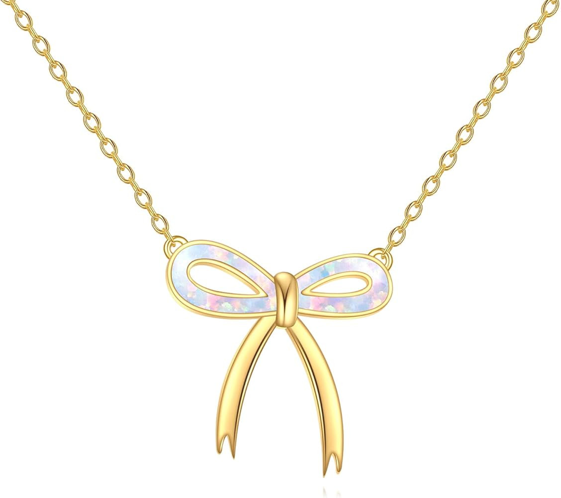 YFN 925 Sterling Silver Opal Bow Necklace, Gold Plated Chain, Dainty Pendant | Amazon (US)
