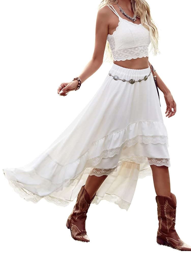 Verdusa Women's Western Boho Lace Ruffle Skirt Asymmetrical Country Cowgirl Skirts | Amazon (US)