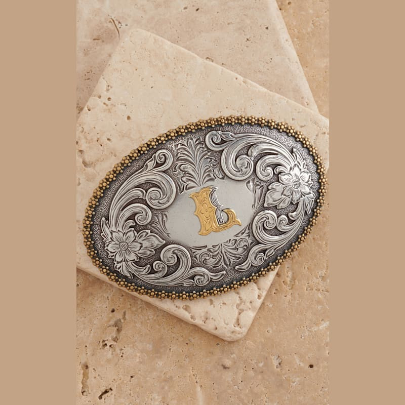M&F Western Productions Gold "L" Silver Etched Floral Large Oval Belt Buckle | Cavender's