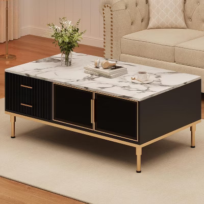 Coffee Table for Living Room, Faux Marble Coffee Table, with 4 Drawers and Glass Doors Storage, Metal Legs for Living Room, Bedroom, Black | Target