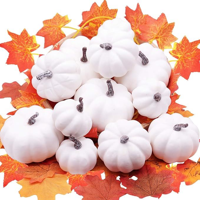 YIZRIO 12 PCS Assorted Sizes Rustic Harvest White Mini Artificial Pumpkins for Halloween, Fall an... | Amazon (US)