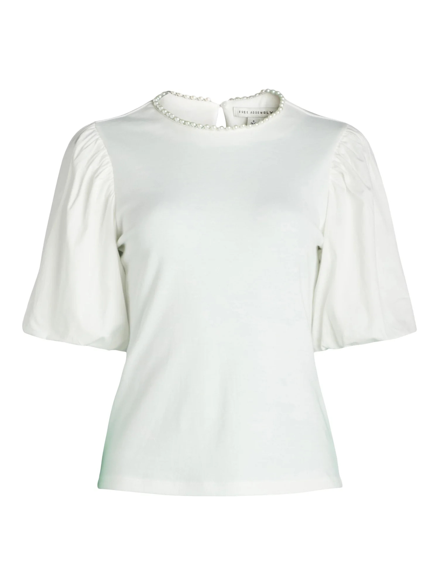 Free Assembly Women's Cotton Mixy Top with Beaded Trim and Puff Sleeves, Size XS-XXL | Walmart (US)