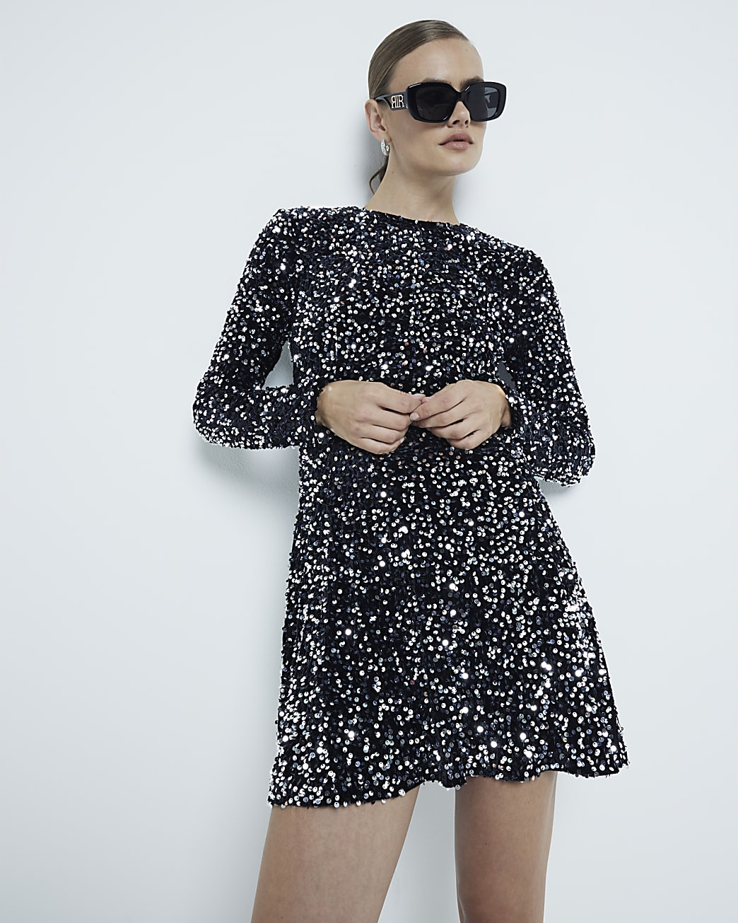 Black Velvet Sequin Mini Swing Dress | River Island (UK & IE)
