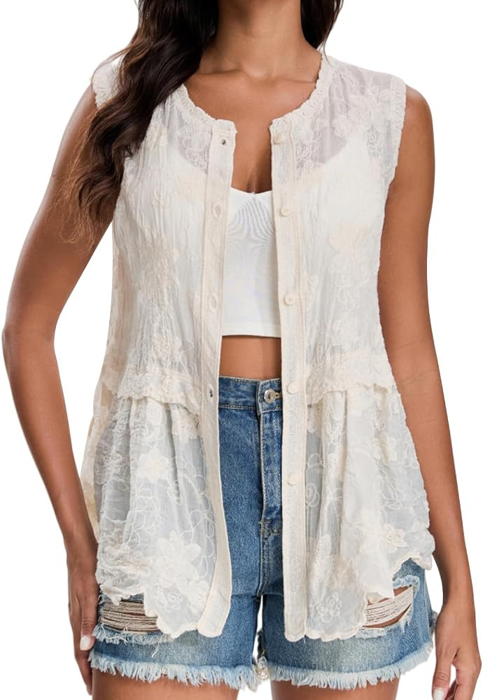 Womens Summer Boho Tank Button Down Sleeveless Vacation Tops Ruffle Knit Embroidered Spring Vest | Amazon (US)