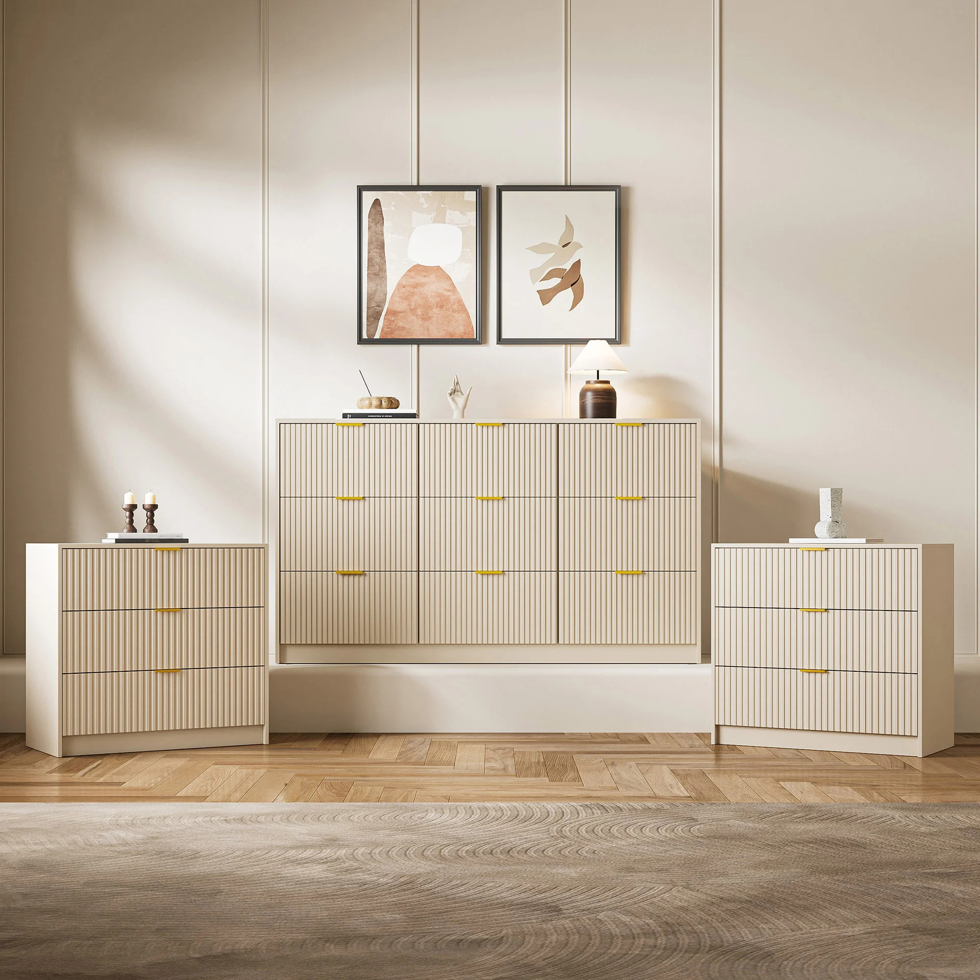Diedre 3-piece Bedroom Set, 9 Drawer Dresser And 3 Drawer Nightstand Set Of 2 | Wayfair North America