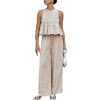 Womens 2 Piece Outfits Sets Gingham Plaid Sleeveless Ruffle Tank Tops and Wide Leg Pants Summer M... | Amazon (US)