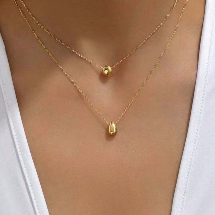 1pc Niche Design Double Layer Water Drop Beaded Stainless Steel Necklace For Women, Minimalist Style | SHEIN