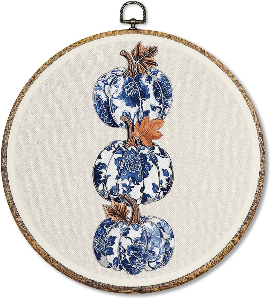 Sufamb Chinoiserie Fall Pumpkin Floral Round Wall Art Decor, Blue and White Chinoiserie Pumpkin C... | Amazon (US)