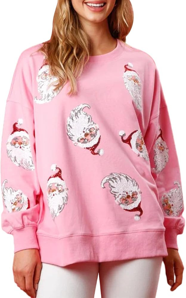 SOLILOQUY Womens Christmas Sweatshirt Sequin Santa Claus Oversized Crew Neck Long Sleeve Pullover... | Amazon (US)