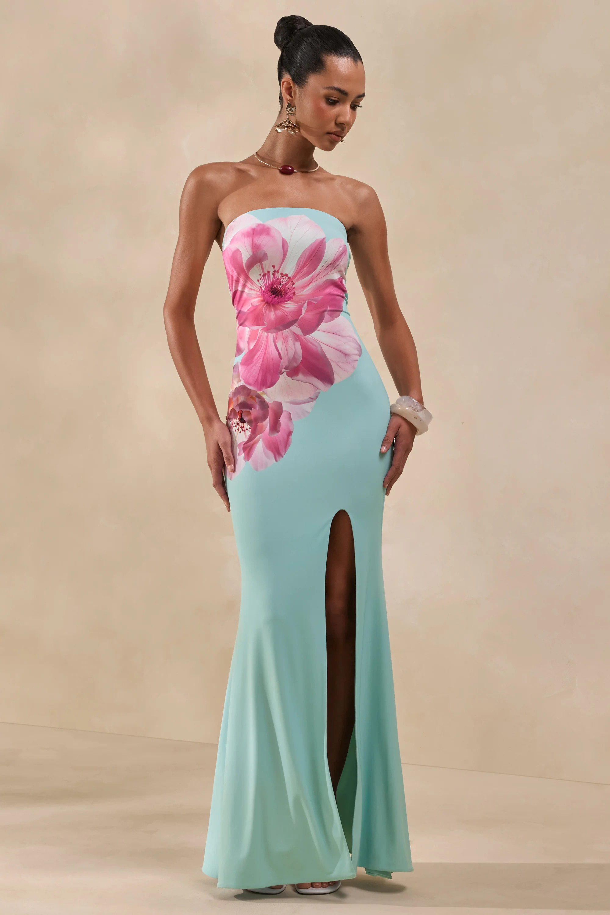 Lumia | Sage And Pink Placement Print Bandeau Maxi Dress | Club L London