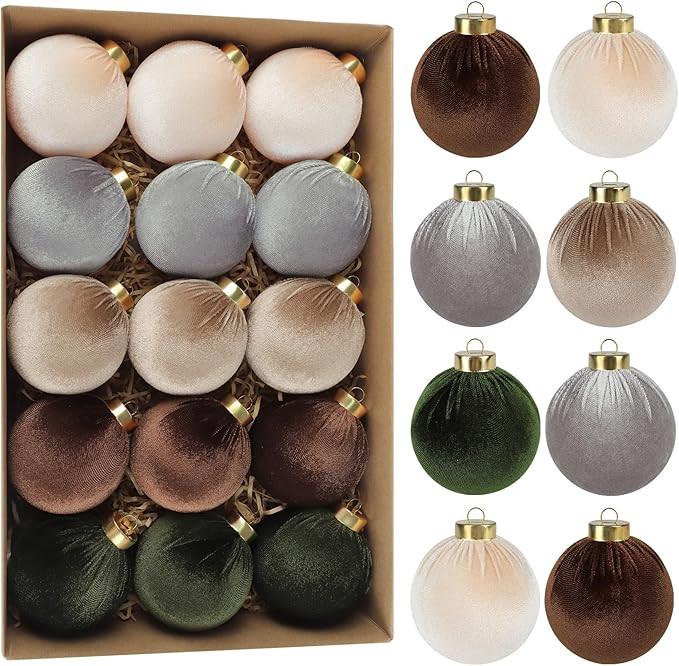 15 PCS Velvet Christmas Tree Ornaments, 80mm/3.15in Large Brown Christmas Ornaments Set Shatterpr... | Amazon (US)