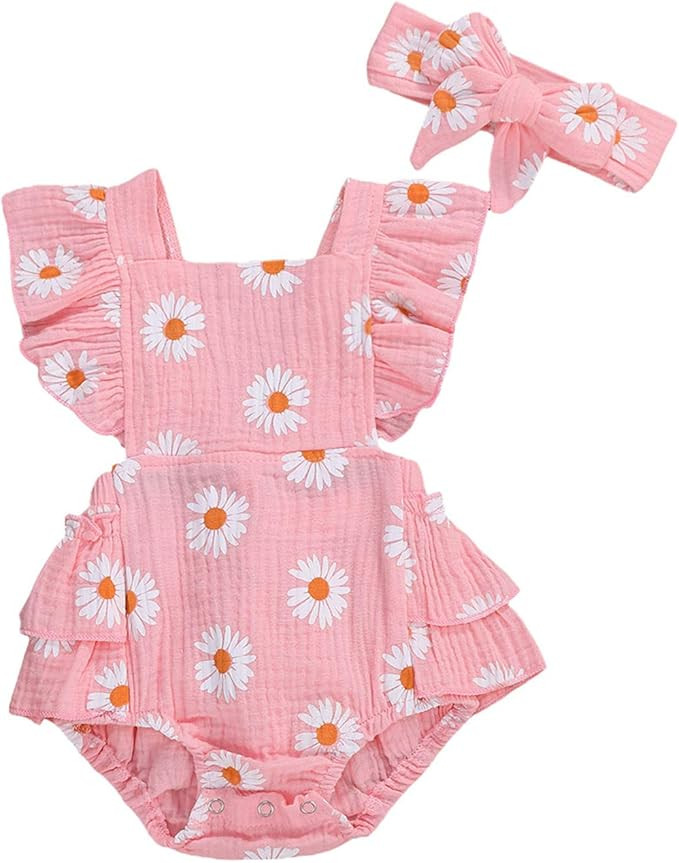Baby Girls Daisy Playsuits Ruffled Bodysuit+Headband Print Fly Sleeve Romper Floral Jumpsuit Infa... | Amazon (US)