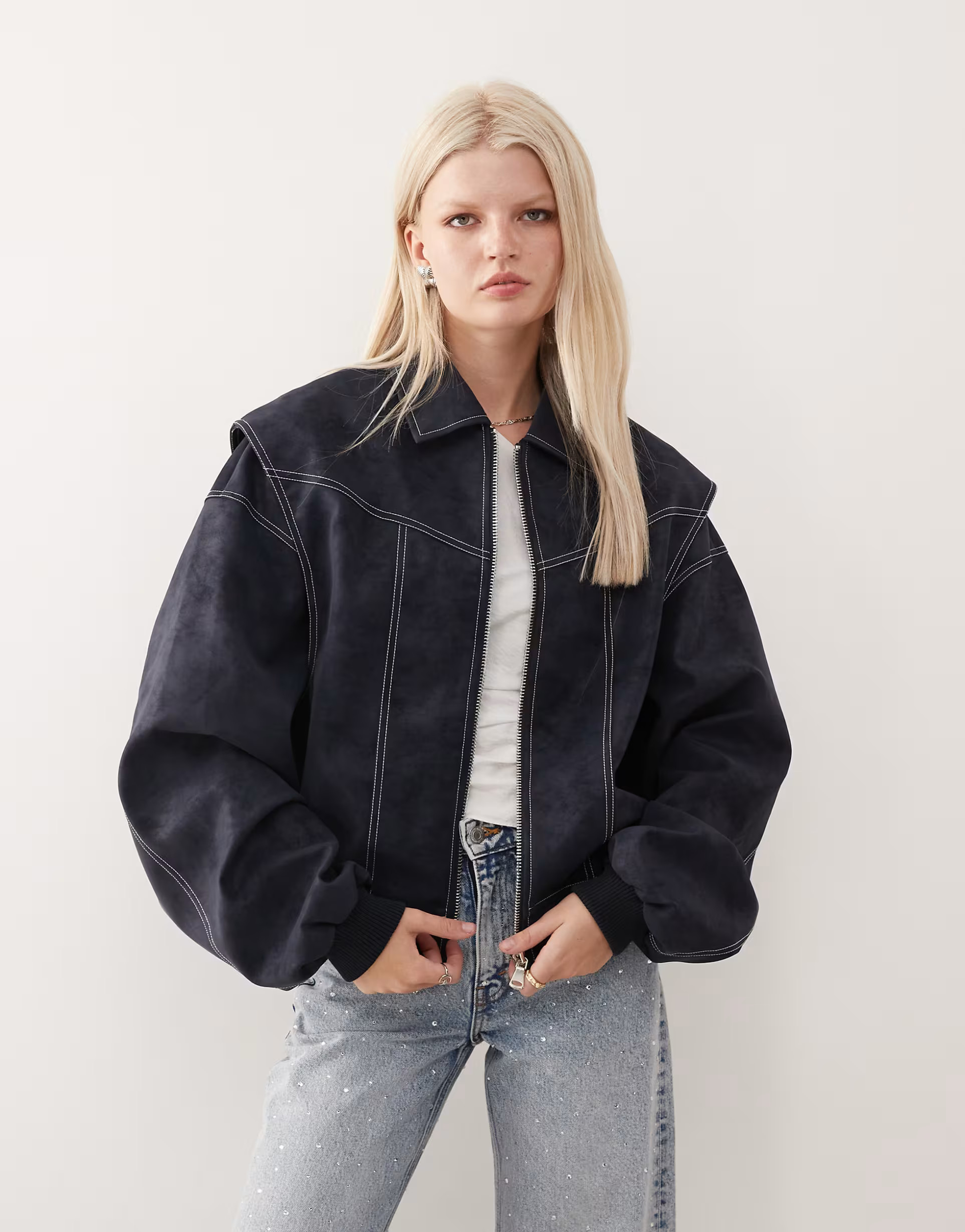 Lioness Vista leather look contrast stitch bomber jacket in navy | ASOS (Global)