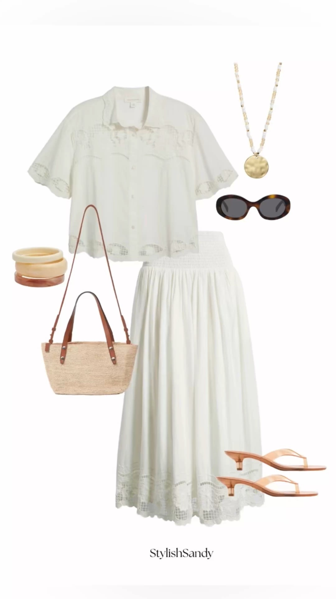 Separates from the June N6 Drop.

Button up
Skirt
Raffia bag
Bracelets 
Sunnies
Necklace
Jelly shoes

#LTKFindsUnder100 #LTKOver40 #LTKSeasonal