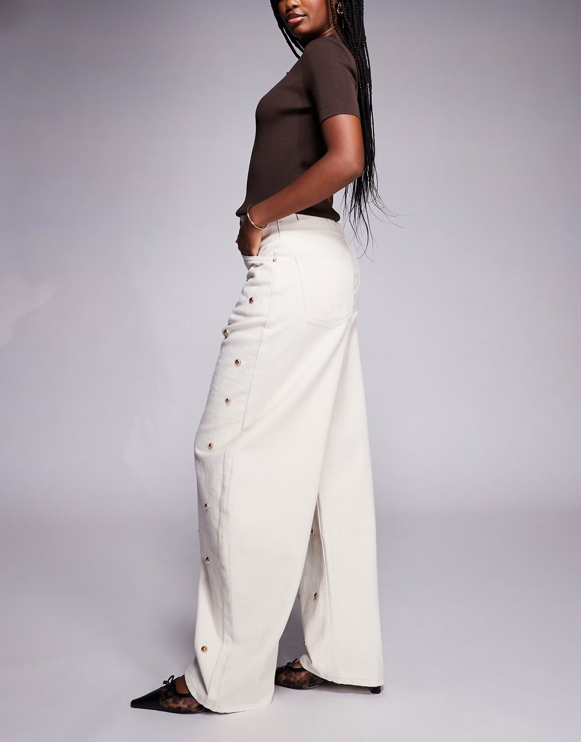 ASOS DESIGN barrel leg jeans with gold tone dome stud details in ecru | ASOS (Global)