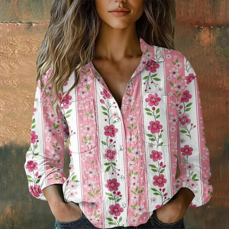 BILIKEYU Women's Cotton Printed Fashion Button Down Shirts, Womens Long Sleeve Tops, Long Sleeve ... | Walmart (US)