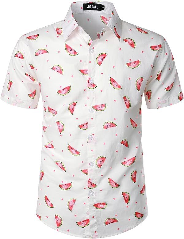JOGAL Men's Cotton Button Down Short Sleeve Hawaiian Shirt | Amazon (US)