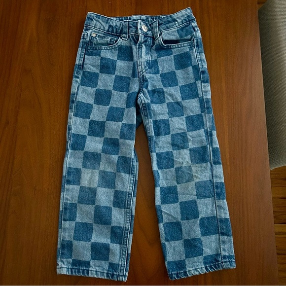 H&M Girls Loose Checkered Blue Jeans Straight Wide Leg | Poshmark