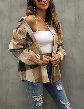 Womens Flannel Plaid Shacket Wool Blend Button Down Shirt Fall Fashion Jacket | Amazon (US)